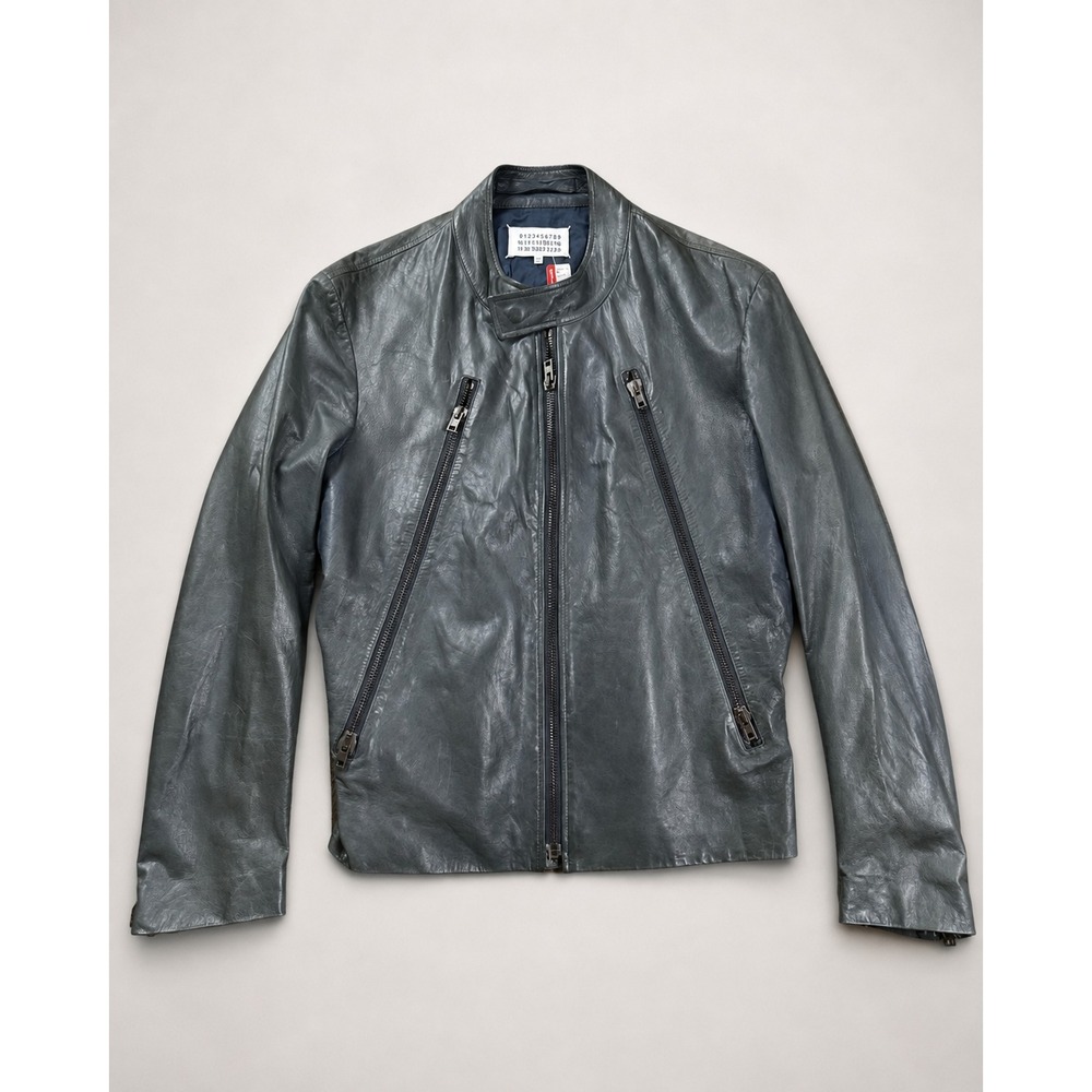 Maison Martin Margiela Line 14 SS14 Gray Leather 5-Zip Moto Jacket Size 50